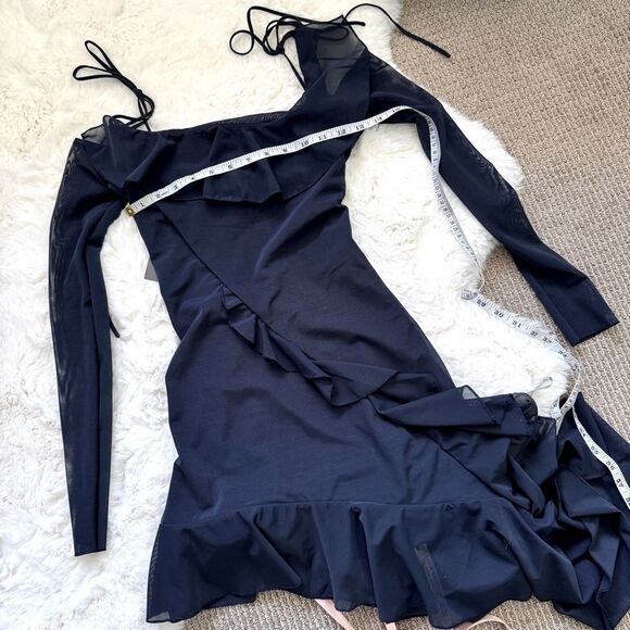 House of CB Hi-Lo Asymmetrical Ruffle Off Shoulder Mesh Kiki Dress XS - Navy - Picture 5 of 7